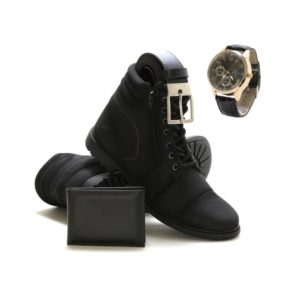 Kit Bota Coturno Tratorado com Relógio Cinto Carteira Masculina Preto