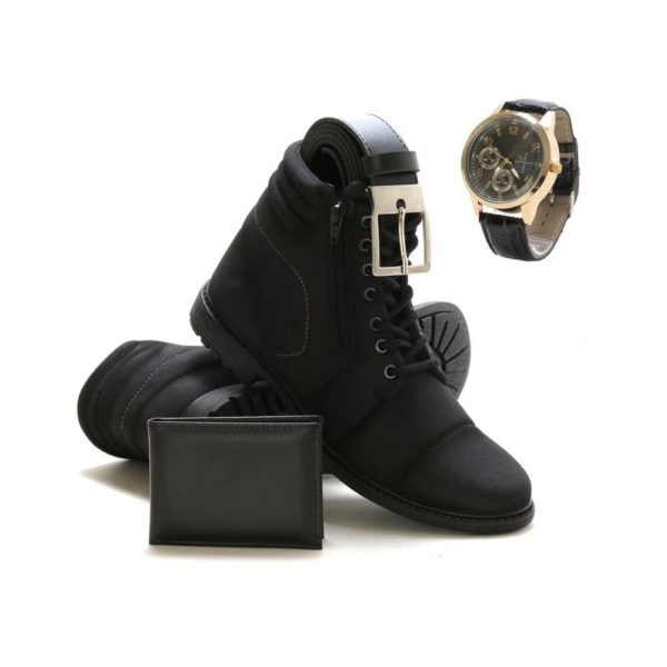 Kit Bota Coturno Tratorado com Relógio Cinto Carteira Masculina Preto