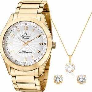 Kit Relógio Dourado Champion Feminino CN29409D Colar e Brinco