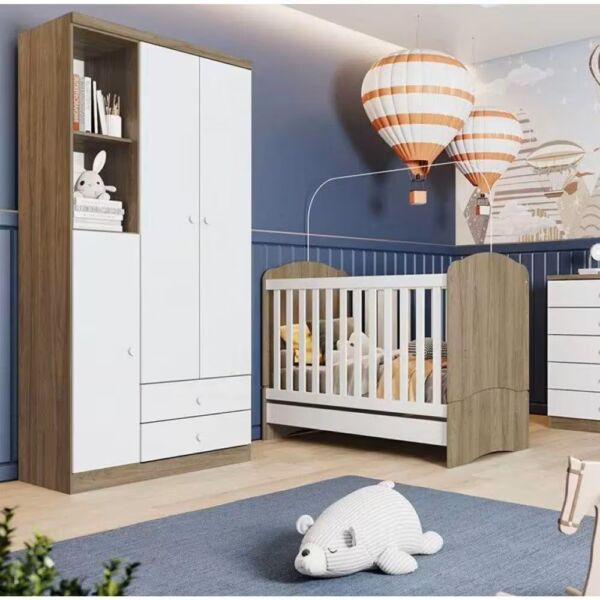 Quarto de Bebê com Guarda Roupa 3 Portas Cômoda e Berço Faz de Conta Espresso Móveis Branco/Rústico