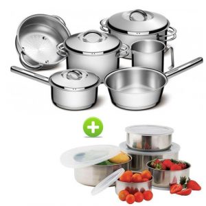 Jogo De Panelas Aço Inox Solar Tramontina Fundo Triplo Indução 6 Peças 5 Tigelas Aço Inox Com Tampa
