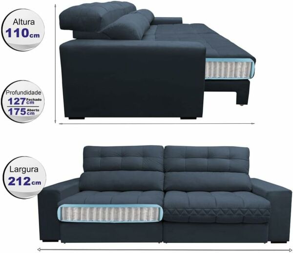 Sofá Retrátil e Cama com Molas Confort Max 2,52 Tecido Suede Azul - Cama InBox - Imagem 6