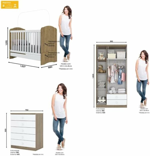 Quarto de Bebê com Guarda Roupa 3 Portas Cômoda e Berço Faz de Conta Espresso Móveis Branco/Rústico - Imagem 4