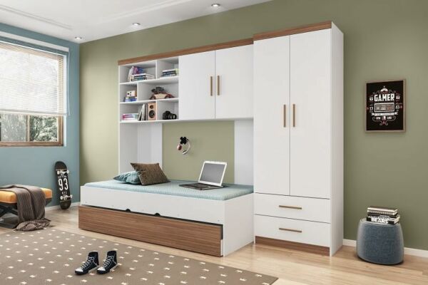 Jogo de Quarto Chiara 4 Peças - Roupeiro 2 portas, Módulo Aéreo e Cama com Auxiliar - Phoenix Baby