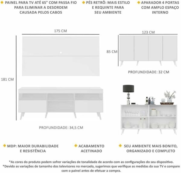 Conjunto Sala de Estar Painel e Rack para Tv Cor Branco Aparador Retrô Sofia - Imagem 5