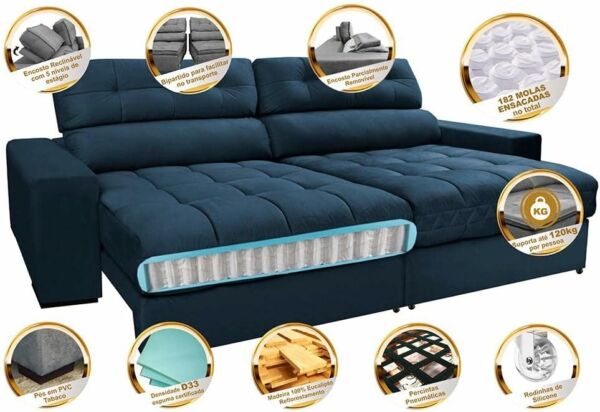 Sofá Retrátil e Cama com Molas Confort Max 2,52 Tecido Suede Azul - Cama InBox - Imagem 4