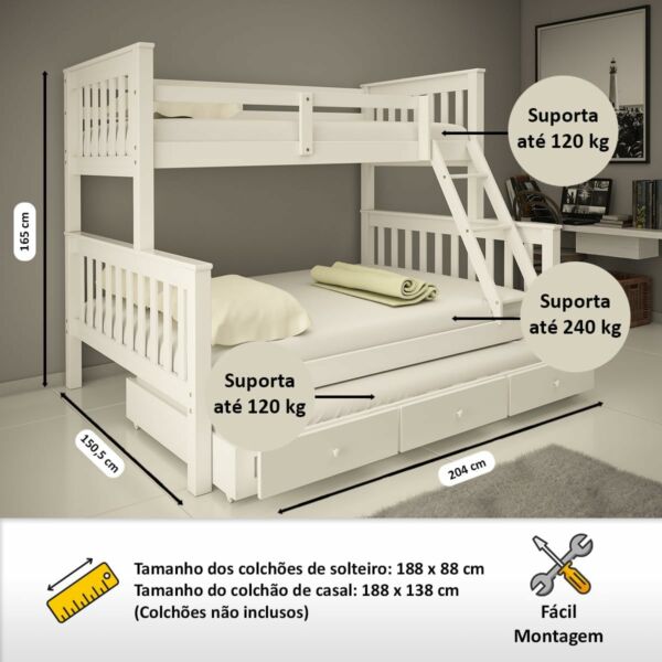 Treliche Com Gavetas Cama Casal Solteiro De Madeira Flex Exclusivo Totalità Branco - Imagem 2