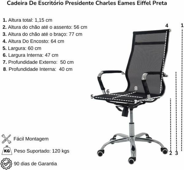 Cadeira Presidente Em Tela Mesh Pel-7010h Preta Design Charles Eames - Imagem 2