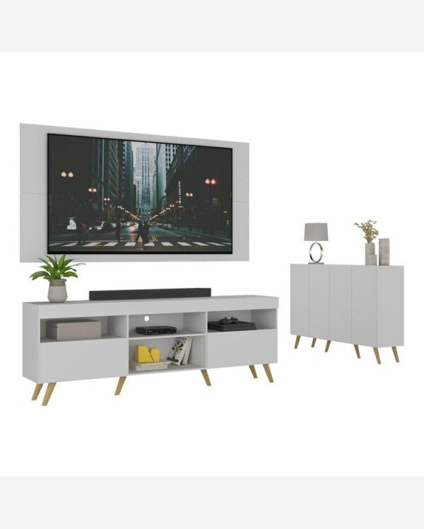 Conjunto Sala de Estar Painel e Rack para Tv Cor Branco Aparador Retrô Sofia