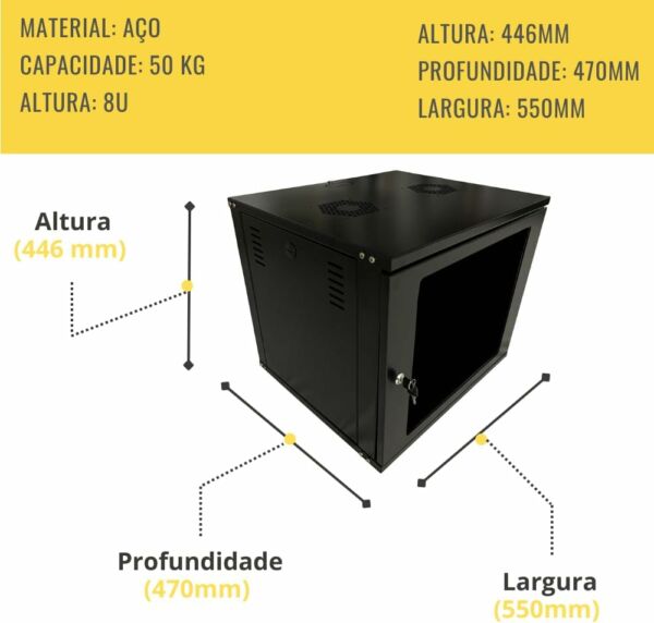 Mini Rack de Parede Padrão 19 Polegadas Cabeamento Estruturado CFTV 8U X 470mm - Imagem 2