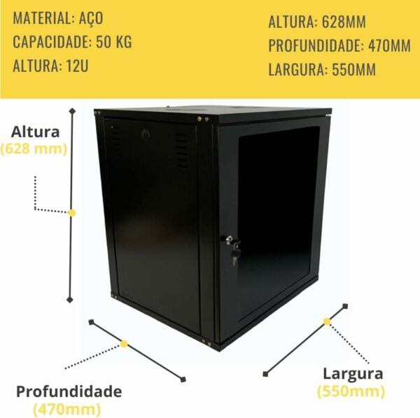 Mini RACK de Parede Padrão 19'' Cabeamento Estruturado CFTV 12U X 470mm - Imagem 3