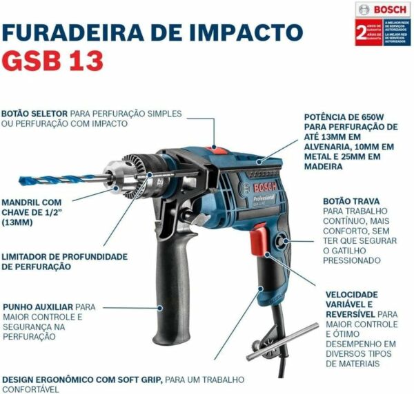 Furadeira Industrial 1/2 POL 650W GSB 13 RE (NOVA) c/ Maleta + 1 Kit de Brocas com 5 Peças BOSCH - Imagem 5