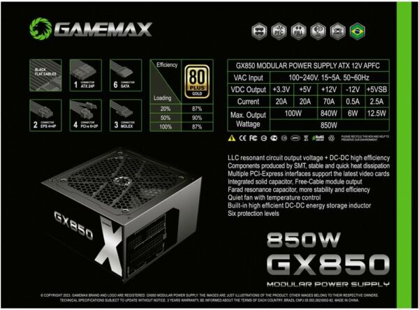 Fonte de Alimentação ATX Gamemax 850w GX850 80 Plus Gold Preta - Imagem 5