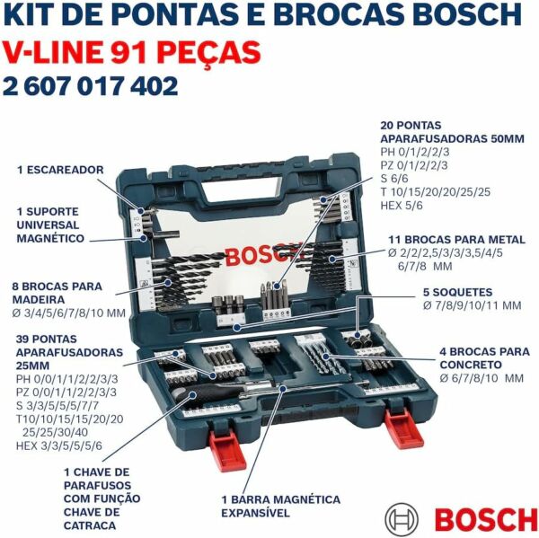 Jogo Kit Brocas Bits Furar Parafusar V-line 91 Peças Bosch - Imagem 6