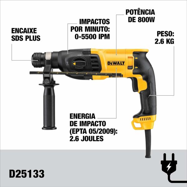 Martelete Rompedor SDS Plus de 1" (26mm) 800W com Maleta 110V D25133K Dewalt - Imagem 2