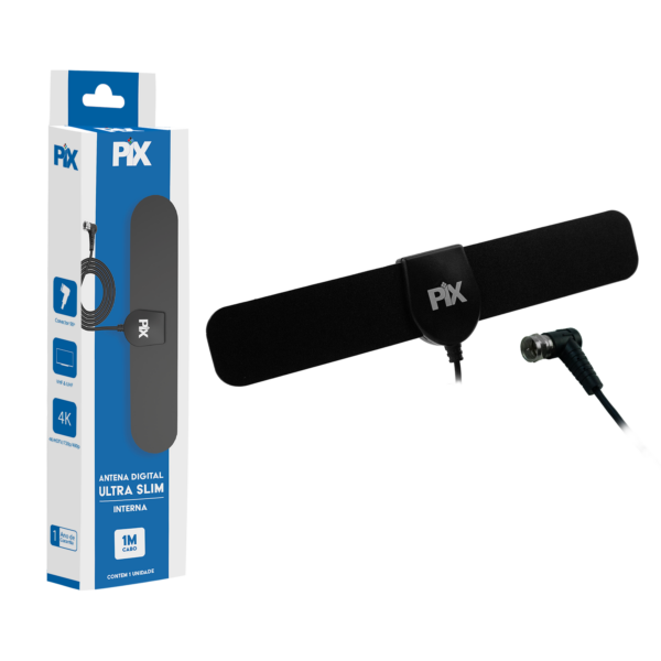 Antena Interna/Externa Slim Hdtv Digital Plug 90 Graus 5DBI Cabo 1 Metro PIX