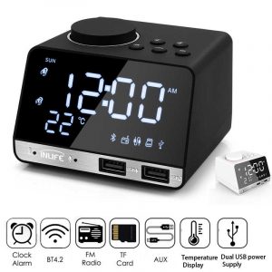 Rádio Despertador Bluetooth 4.2 2 Portas USB Relógio Digital LED Snooze Alarm