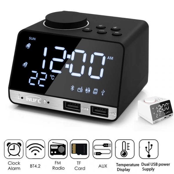 Rádio Despertador Bluetooth 4.2 2 Portas USB Relógio Digital LED Snooze Alarm