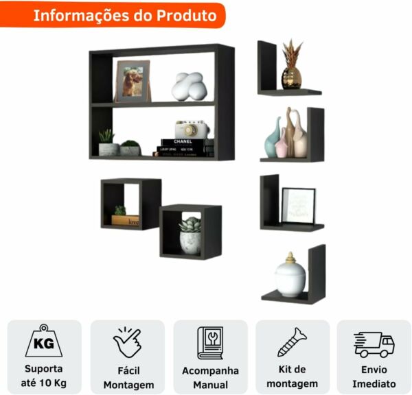 Nicho Decorativo MDF Kit 7 Unidades Organizador Estante Porta Livros Objetos - Imagem 2