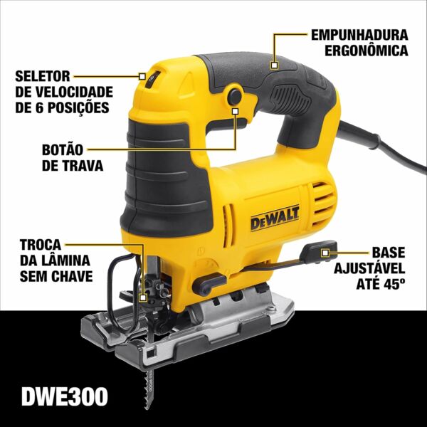 Serra Tico-Tico Orbital Velocidade Variável 650W de Ação Pendular e Engate Rápido 110V DWE300 DEWALT - Imagem 3