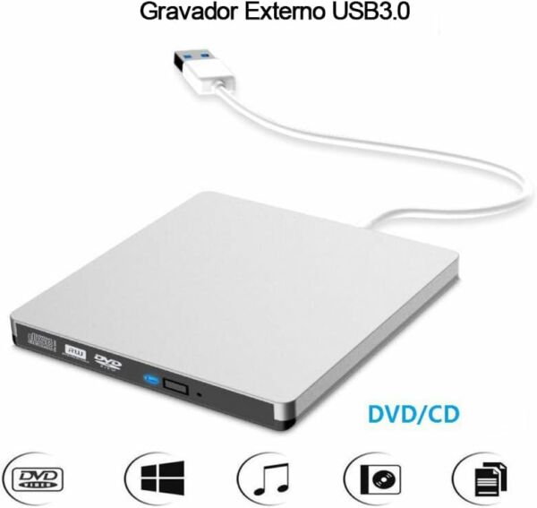 Gravador e Leitor Dvd/Cd Usb 3.0 Drive Portátil Slim Laptop PC Desktop Branco Newlan - Imagem 3