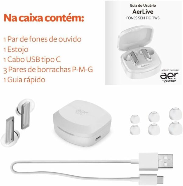 Fone de Ouvido TWS Aerlive Bluetooth Autonomia 4,5* horas Microfone Estojo carregador AER12WT Branco Geonav - Imagem 5