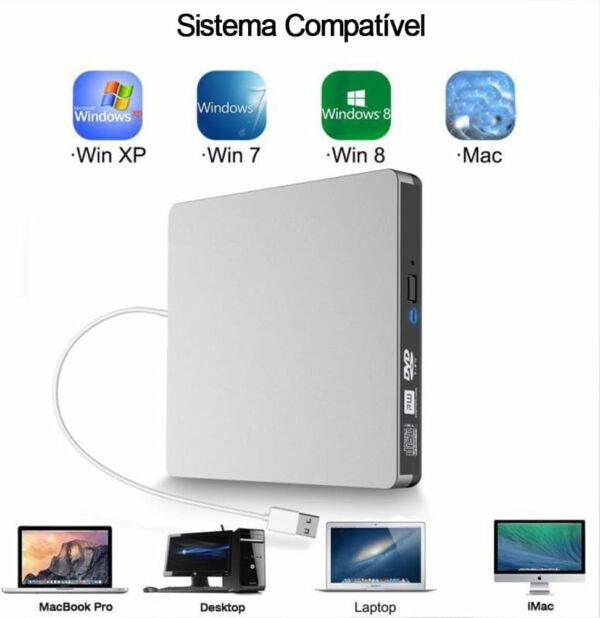 Gravador e Leitor Dvd/Cd Usb 3.0 Drive Portátil Slim Laptop PC Desktop Branco Newlan - Imagem 4