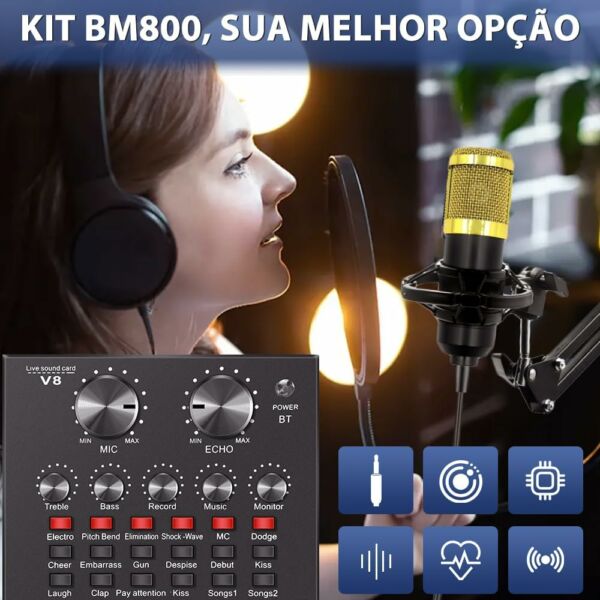 Kit Interface de Áudio Estúdio Mesa V8S Microfone Estúdio Profissional Condensador BM800 Microfone Com Braço Articulado Locução Live Stream - Imagem 6