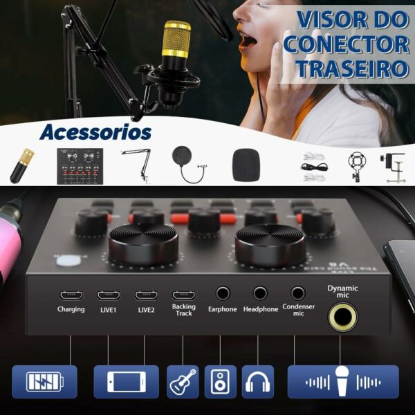 Kit Interface de Áudio Estúdio Mesa V8S Microfone Estúdio Profissional Condensador BM800 Microfone Com Braço Articulado Locução Live Stream - Imagem 3