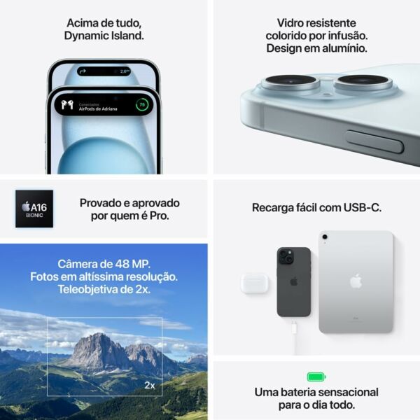 IPhone Apple 15 128 GB Tela Contra Respingos Câmera 48 MP Chip A16 BIONIC - Imagem 8