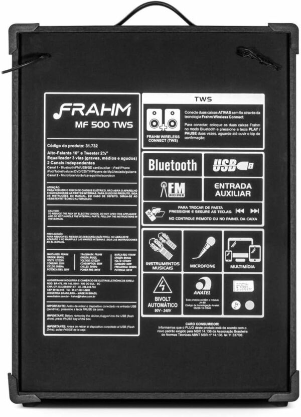 Caixa de Som Amplificada Bluetooth USB Bivolt MF500 TWS Frahm - Imagem 2