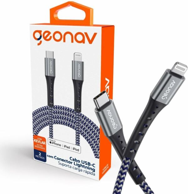 Cabo Carregador Lightning Apple Ultra Resistente Kevlar 2MT LIUC02K Azul/Cinza Geonav
