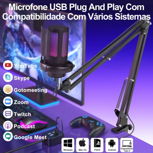 Microphone Condensador de Mesa com Braço Live Podcast Gravação de Audio Karaoke Gamer Youtuber DJ - Imagem 3