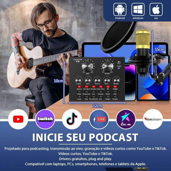 Kit Interface de Áudio Estúdio Mesa V8S Microfone Estúdio Profissional Condensador BM800 Microfone Com Braço Articulado Locução Live Stream - Imagem 4