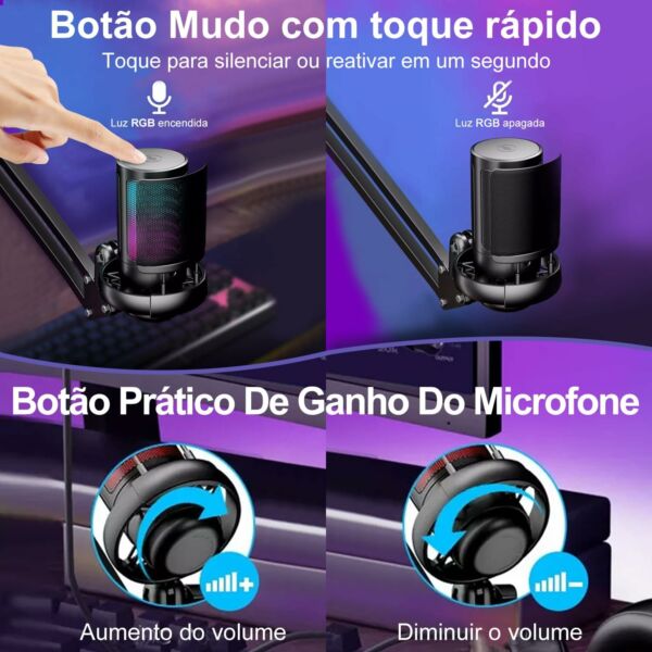 Microphone Condensador de Mesa com Braço Live Podcast Gravação de Audio Karaoke Gamer Youtuber DJ - Imagem 4