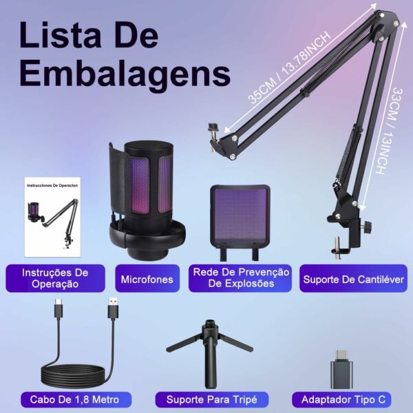 Microphone Condensador de Mesa com Braço Live Podcast Gravação de Audio Karaoke Gamer Youtuber DJ - Imagem 6