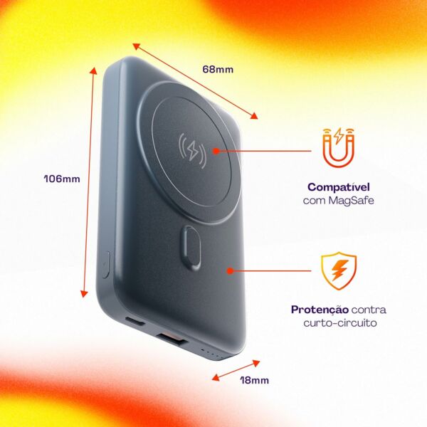 Bateria Externa Portátil Universal por Indução 10.000mAh Carregamento rápido Suporte Dobrável Compatível com MagSafe PB10MAGSG Geonav - Imagem 6
