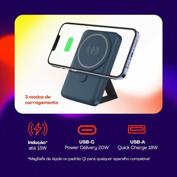 Bateria Externa Portátil Universal por Indução 10.000mAh Carregamento rápido Suporte Dobrável Compatível com MagSafe PB10MAGSG Geonav - Imagem 4