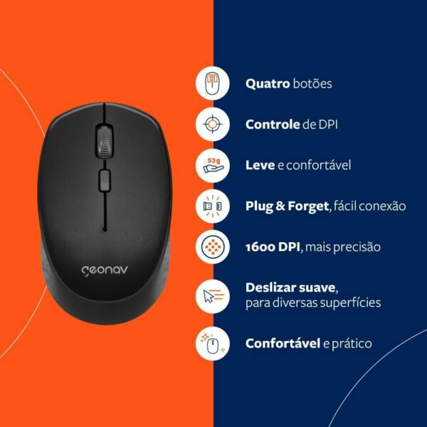 Mouse sem Fio 2.4 Ghz até 1600DPI 4 Botões Sensor Óptico OFMSW01 Geonav - Imagem 4